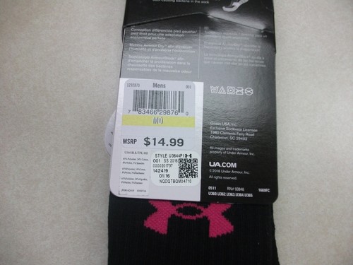 3) PAIR Under Armour Sport Socks MEDIUM Crew Length UA Rival Pink Breast Cancer - Picture 3 of 3