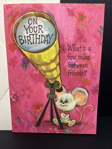 Vintage American Greeting Birthday Card 70s Vibe Cute Mouse Pink Unused - Picture 2 of 6