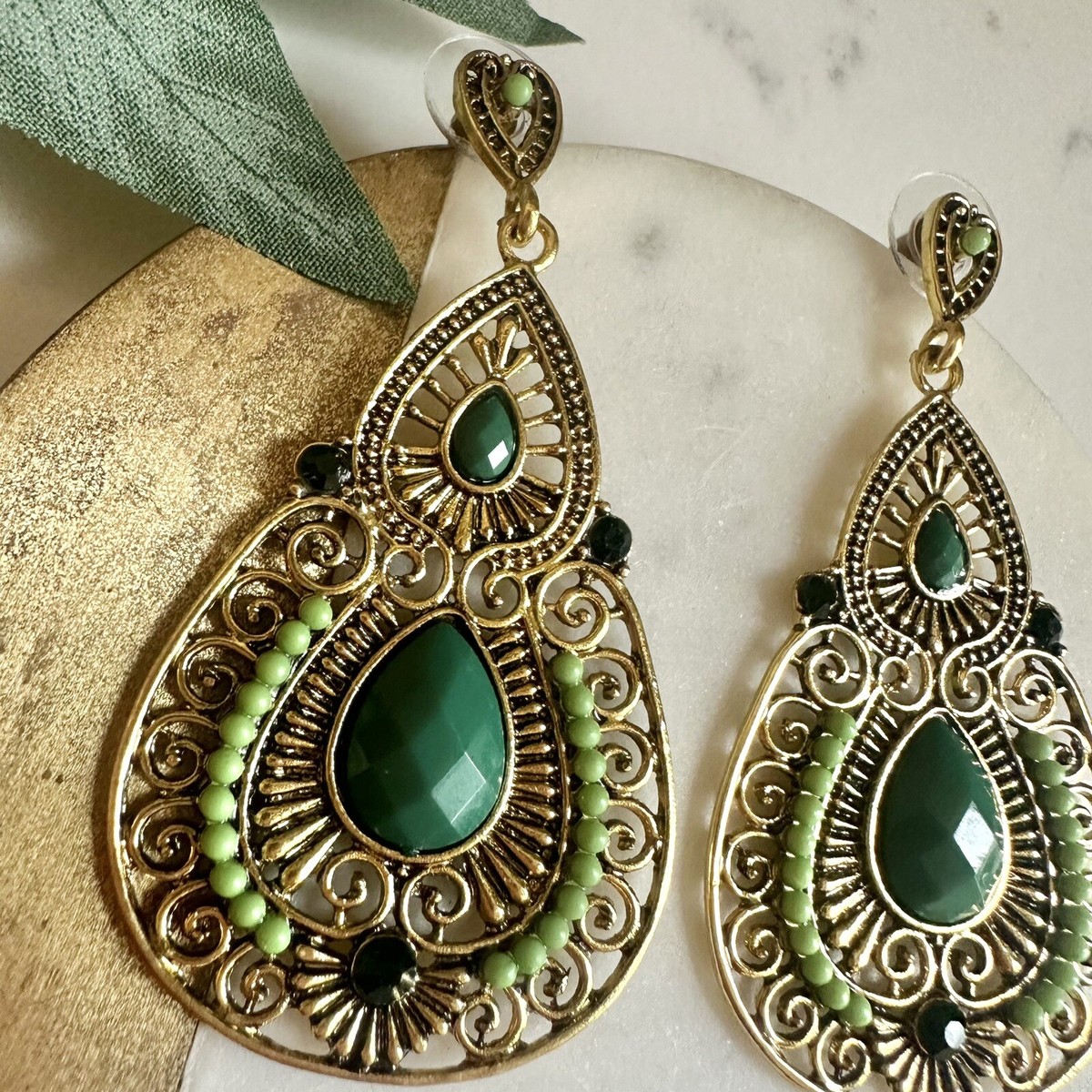 Art Deco Vintage Style Nouveau Green Gold Crystal Earrings