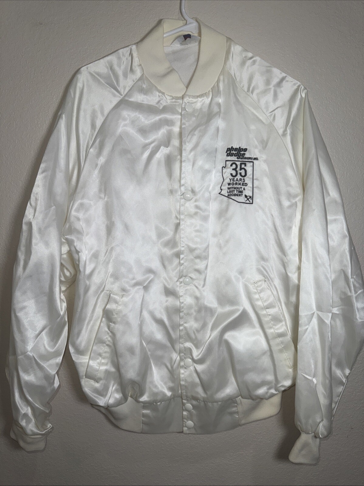 VTG West Ark Ivory Satin Bomber Jacket Mens Large Phelps Dodge Mine