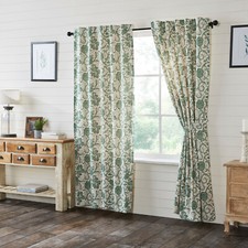 Green Floral Curtains Country Farmhouse-Style 2 Lined Panels w/ Tie Backs Dorset