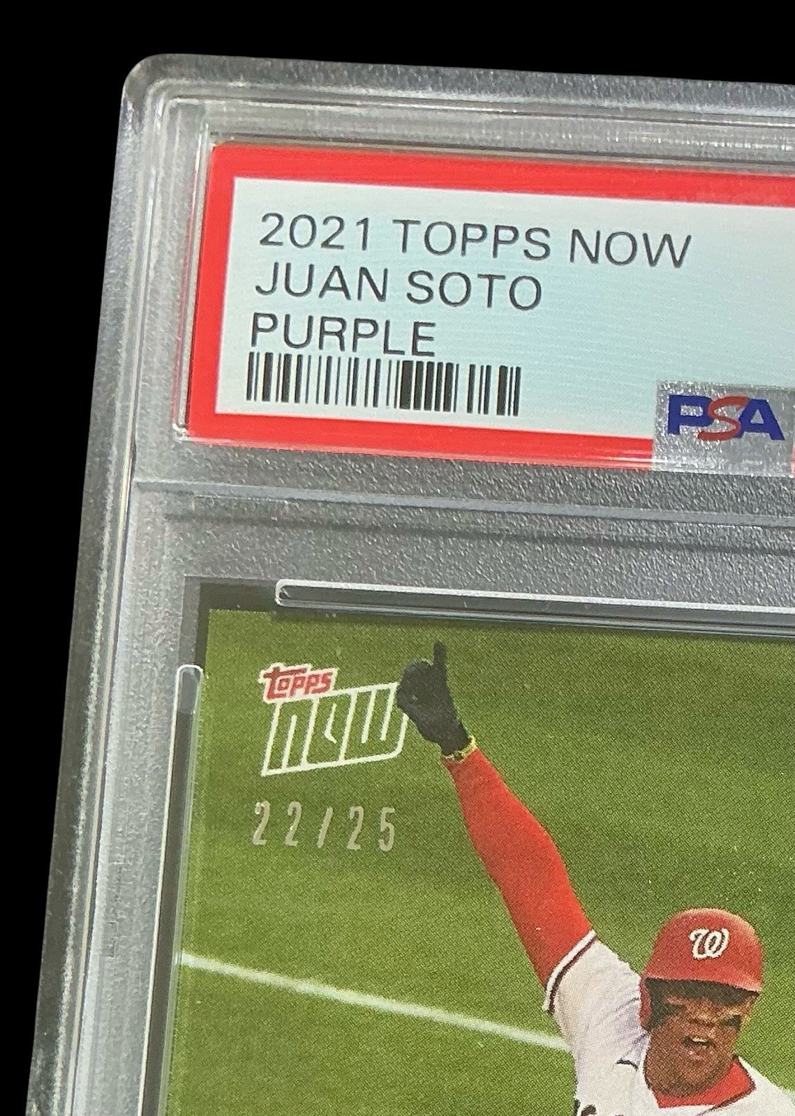 2021 topps now #39 juan soto; jersey # 22/25 purple PSA 10 (POP 3, 0^) view 2