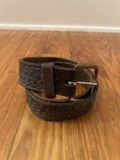 Women  s Vintage Brown Leather Patterned Belt Size Medium Solid Brass Buckle