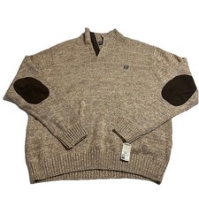 Chaps Henley Sweater Mens L Brown Button Mock Neck Pullover Elbow Patch NWT