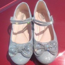 Link Girls Silver Glitter Mary Jane Dress Flats Bow Rhinestone US 3
