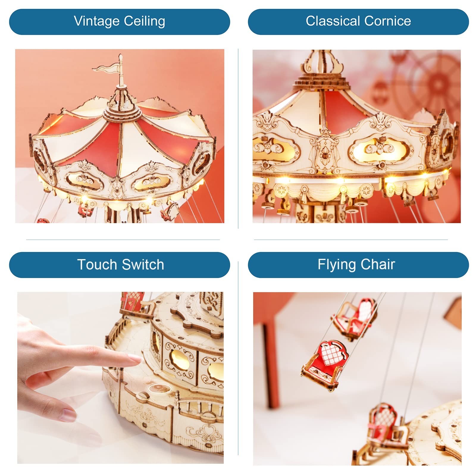 ROKR 3D Puzzles Wooden Music Box Kit with LED, Rotating Swing Ride Mechanical...