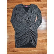 Betsey Johnson Black Silver Metallic V-Neck Dress M Ruched Waist Long Sleeve NEW