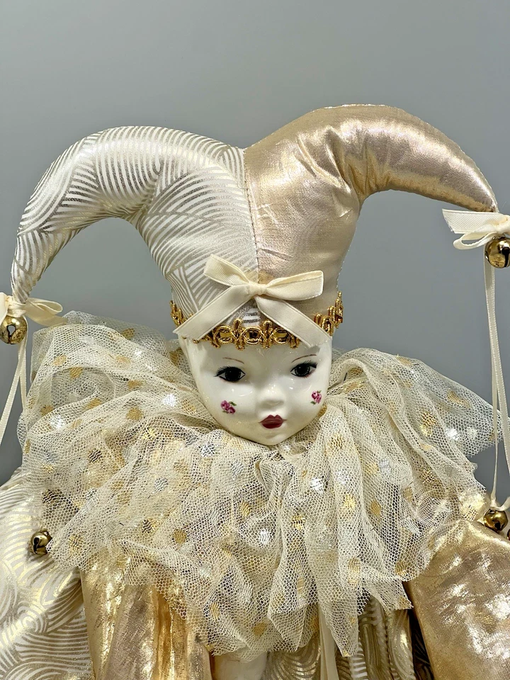 VTG Jester Clown Doll  Painted Porcelain Face And Hands Harlequin Mardi Gra 22" - Image 2 of 4