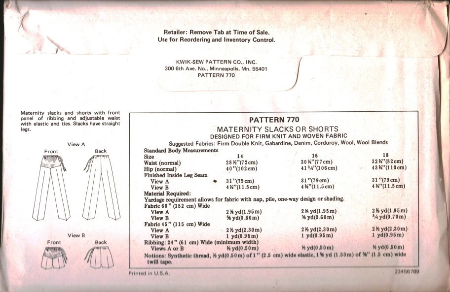 770 Vintage Kwik Sew SEWING Pattern Maternity Slacks Shorts 1980s 14 - 18 OOP - Image 2 of 2