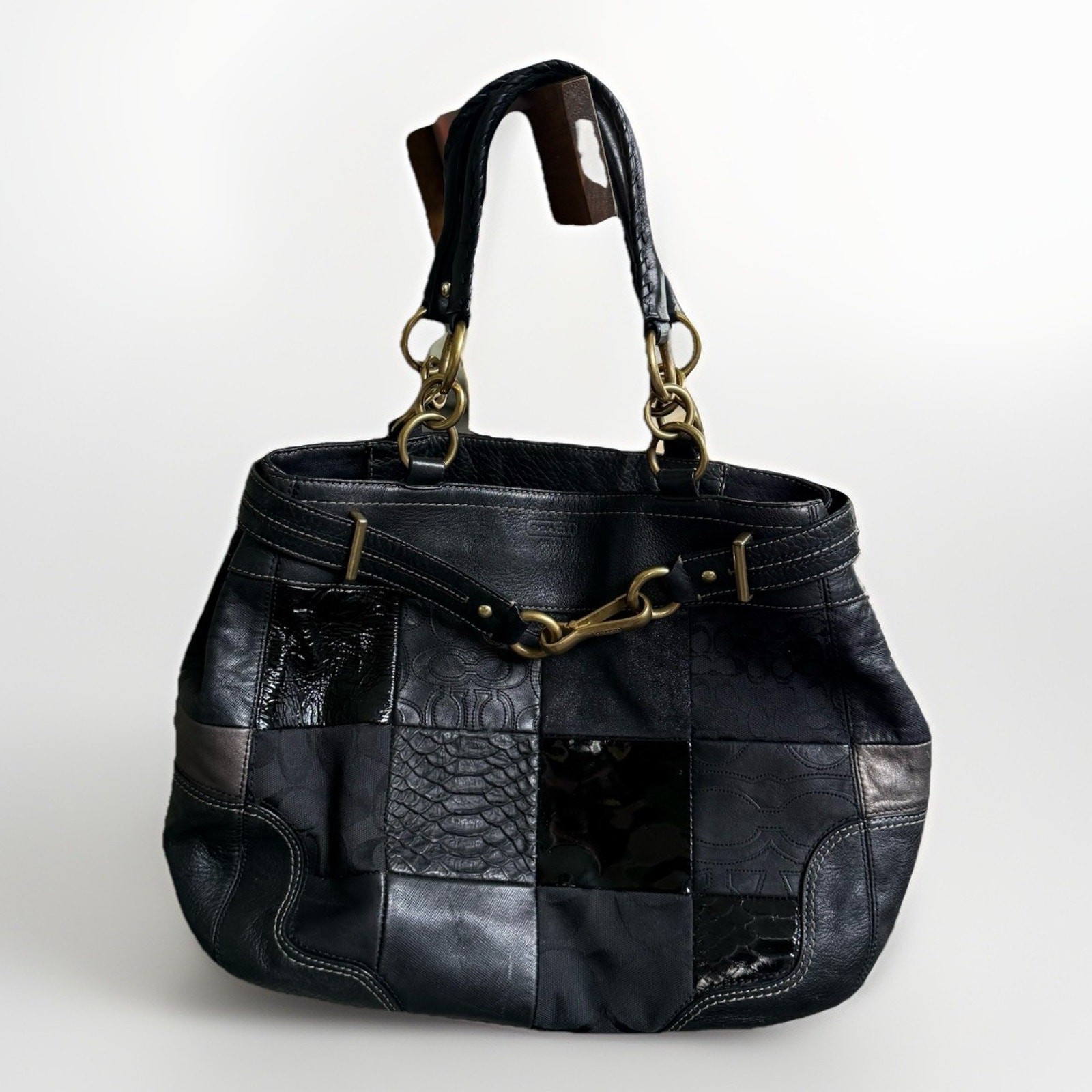 Vtg COACH HAMPTONS BLACK PATCHWORK LEATHER CARRYALL T… - Gem