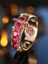 Hot Pink Vintage Gold Tone Ring With Cubic Zirconia Pendant Size 5-13
