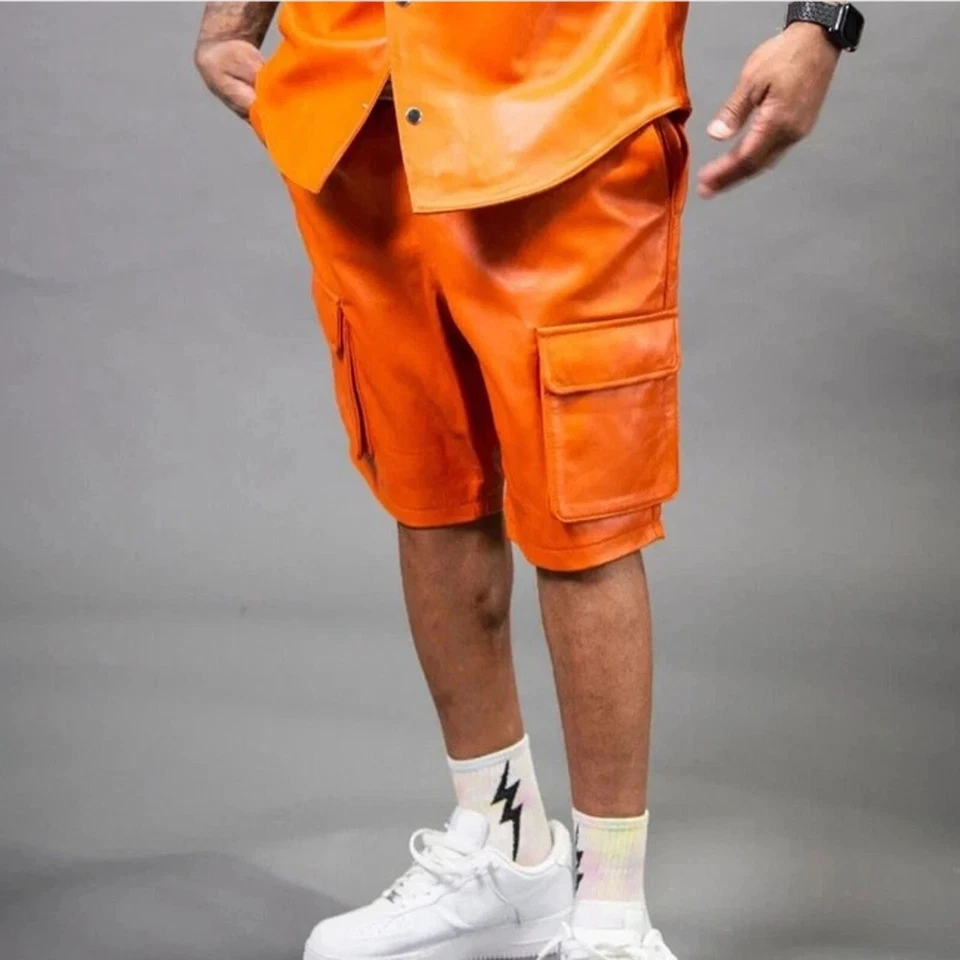 Nouveau short en cuir orange cargo pour hommes | Short de motard en cuir de m... - Photo 3/4