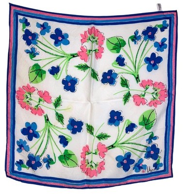 Vera Neumann Vintage Floral Square Scarf White Blue Pink Acetate Ladybug Logo 22