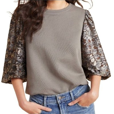 Anthropologie Amadi Eryna Sheer Flocked Detail Balloon Sleeves Sweater Top Small