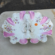 Antique German Porcelain Divided Serving Lobster Dish Pink Floral Violet Gold
