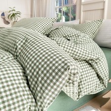 Queen Size Green Gingham Comforter Set Lightweight Fluffy Soft Checkered Plaid