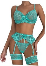 Lingerie for Women 3 Piece Lingerie Set with Garter Belt Bra and Small Green