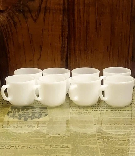 Lot of 8 Vintage Milk Glass Mugs, Tea Or Coffee Cups - 5 oz ea.