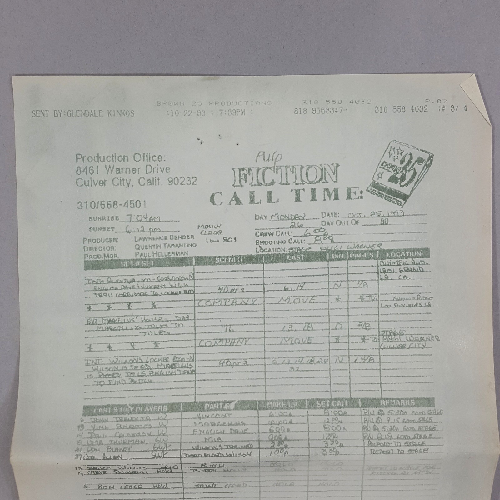 Image 3 of Pulp Fiction Movie Call Sheet - Bruce Willis Just Threw the Fight Aftermath, COA