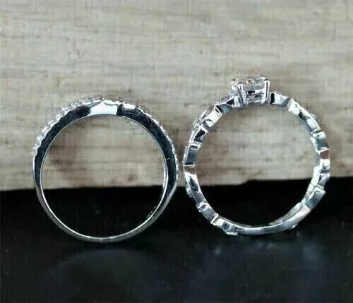 Anello da sposa set diamanti tondi creati in laboratorio 2 ct placcato oro bianco 14 kt - Foto 2 di 5