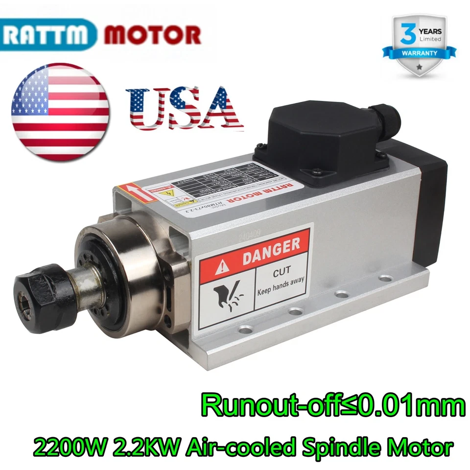 RATTM MOTOR 〖in US〗2.2KW Square Spindle Motor Air Cooled CNC Milling Engraving 24000rpm ER20