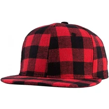 Flannel Plaid Style Hat, Flat Top Baseball Cap - Red and Black Pattern