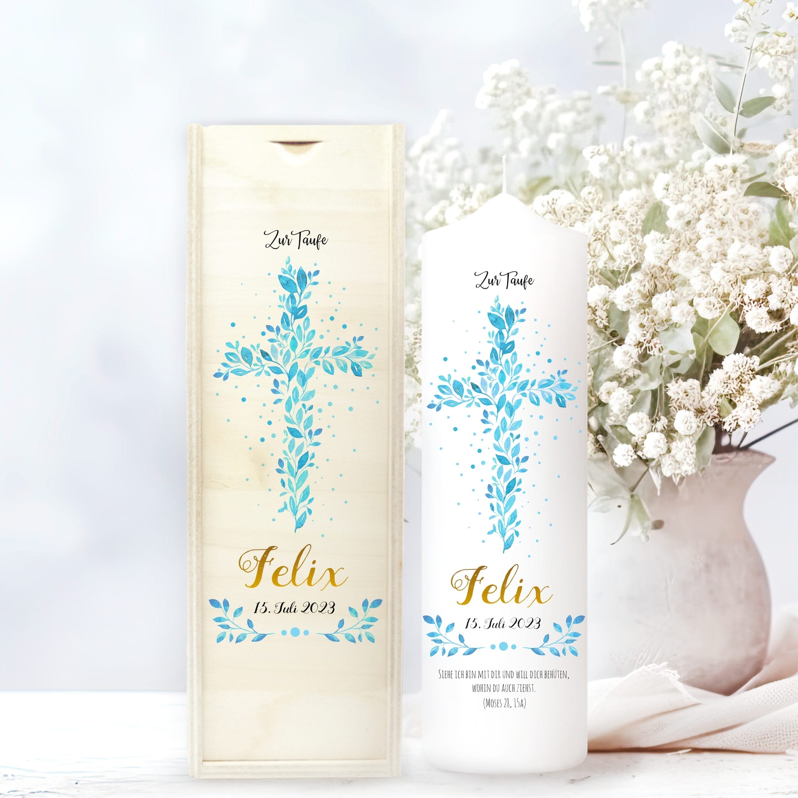 Taufkerze Junge Mädchen Baum Heiliges Kreuz blaue Blätter Kerze zur Taufe mit...