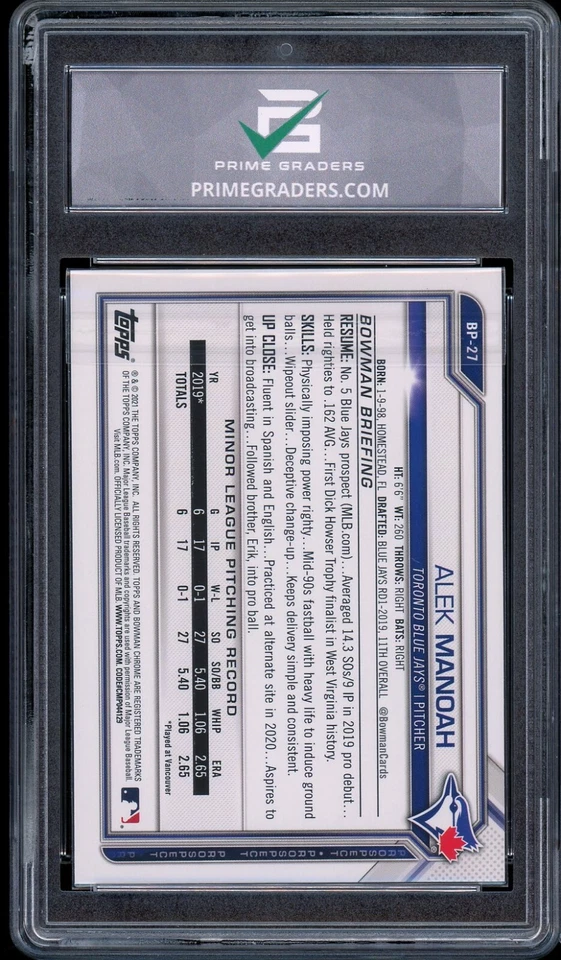 2021 Bowman #BP-27 Alek Manoah GRADED 10 GEM Mint Rookie RC Prospects - Image 2 of 2