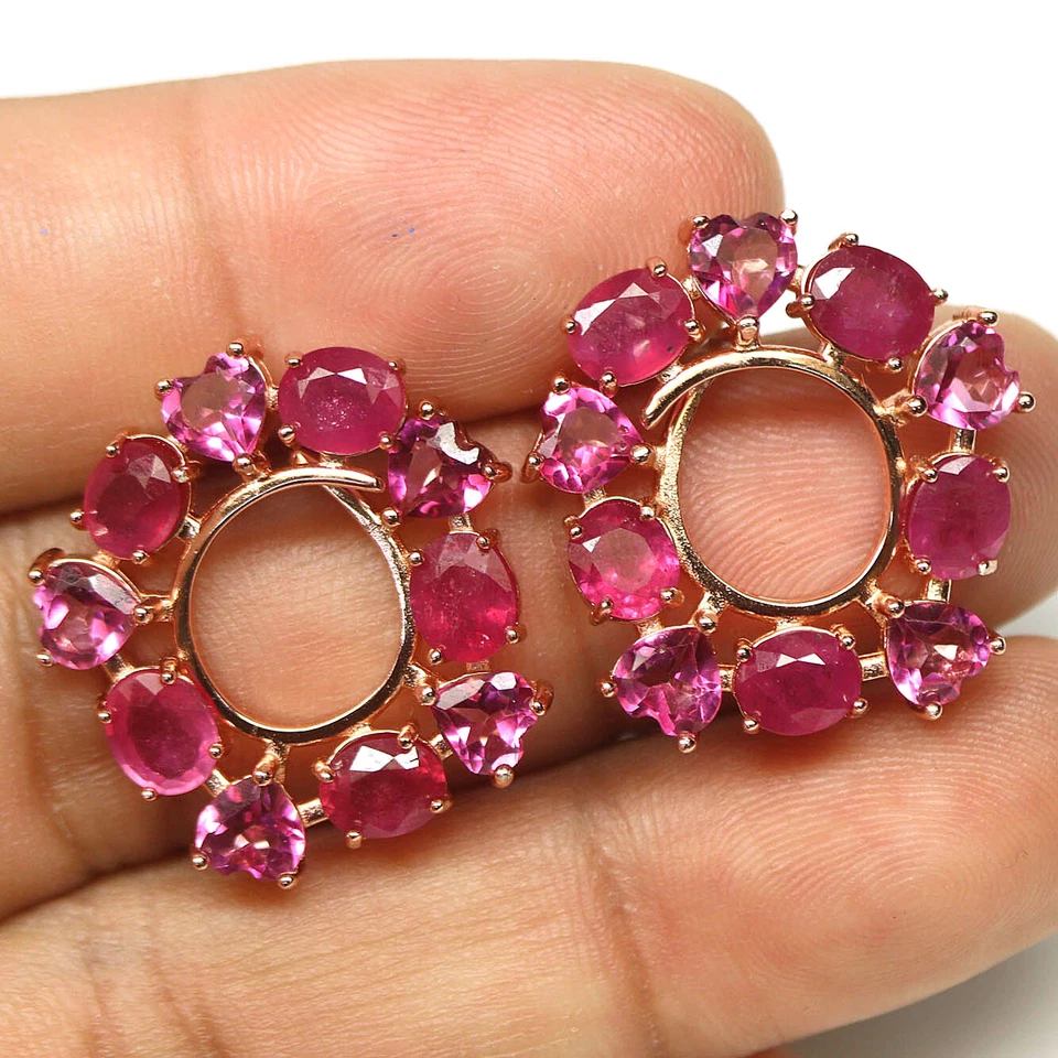 Pendientes de piedras preciosas de topacio místico rosa y rubí rojo plata 925 oro rosa Foto 2 de 4