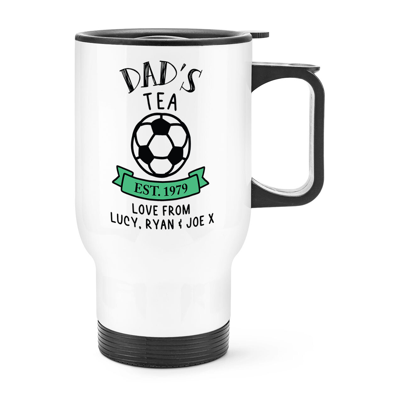 Personalised Football Name Date Tea Travel Mug Cup Handle Dad Fathers Day