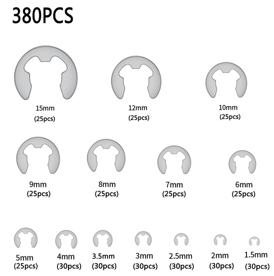Kit De 380 Circlips (C-clips/E-clips) En Acier Inoxydable 304 - Assortiment De Tailles M1.5 à M10 - Pour Mécanique Et Bricolage