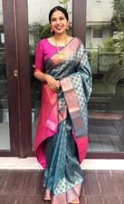 Soft Lichi Silk Saree Silver Zari Jacquard Work Contemporary Party Wear Sari