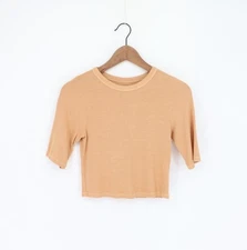ENZA COSTA Silk Rib Cropped Half Sleeve Crew Top Almond S $145 D1