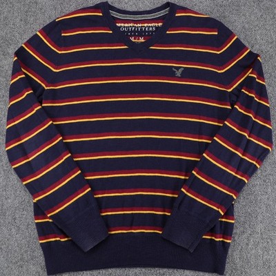 American Eagle Outfitters Mens Medium V-Neck Striped Sweater Navy Red Yellow