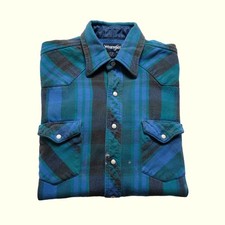 WRANGLER VTG 90s 80s FLANNEL PEARL SNAP COTTON USA MADE DISTRESSED BLUE LG 16-35
