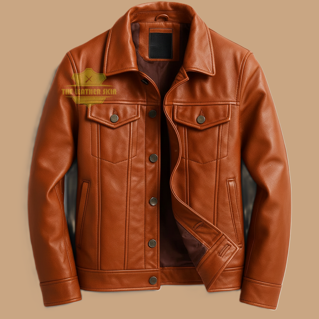 Men's Leather Jacket Trucker Jacket  Genuine Orange Leather Vintage Style Jacket