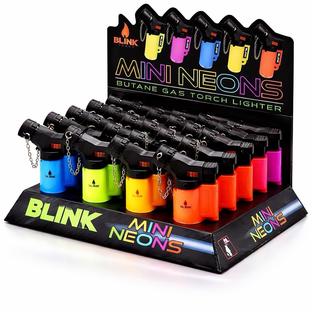 Blink Mini Neon Torch Lighter 20 Pack Refillable Butane Gas Jet Flame Lighters