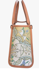 Tory Burch Blake Small Tote, Canvas w Bicycle Print, Green, Brown Leather Trim