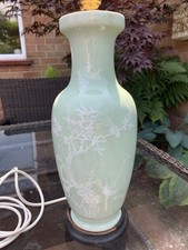 Large Vintage Chinese Celadon Pale Green, White Blossom Table Lamp