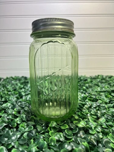 Depression Era Uranium Glass Jar - Aluminum Lid GREEN