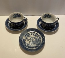 VTG Antique Blue Willow 2 Tea Cup 3 Saucer Set Marked Japan  Occupied Japan