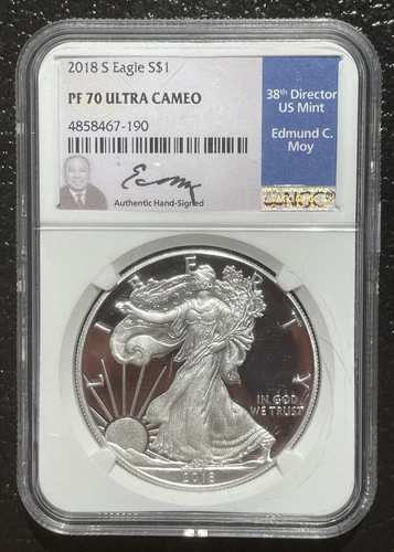 2018-S $1 SILVER AMERICAN EAGLE NGC PF70 signed EDMUND C. MOY : 06354
