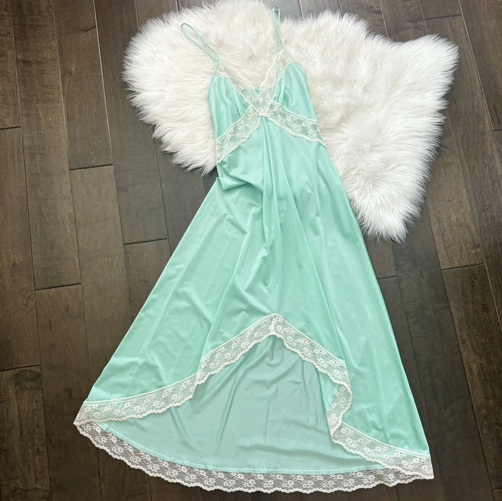 UNDERCOVER Maxi abito slip vintage anni '80 raso seta pastello verde pizzo pizzo L