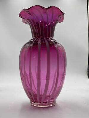 Cranberry Swirled Ruffled Top Victorian Vase with Pontil 