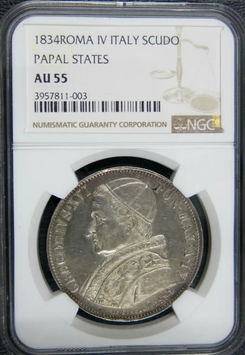 Italy Papal States Scudo 1834 Roma Gregory XVI. NGC AU 55