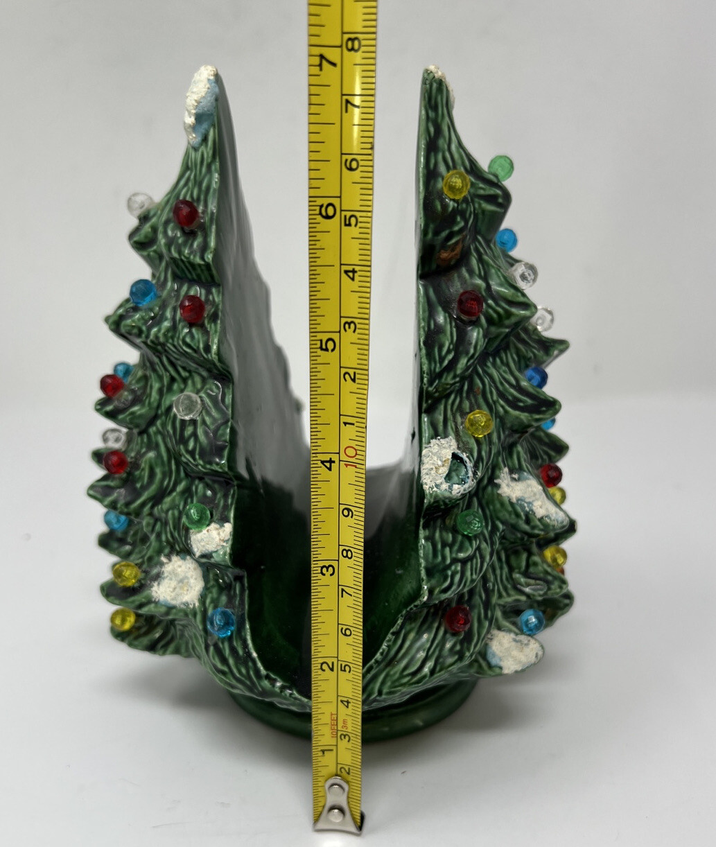 Vtg Green Ceramic Christmas Tree Napkin Holder w/ Rainbow Bulb Accents