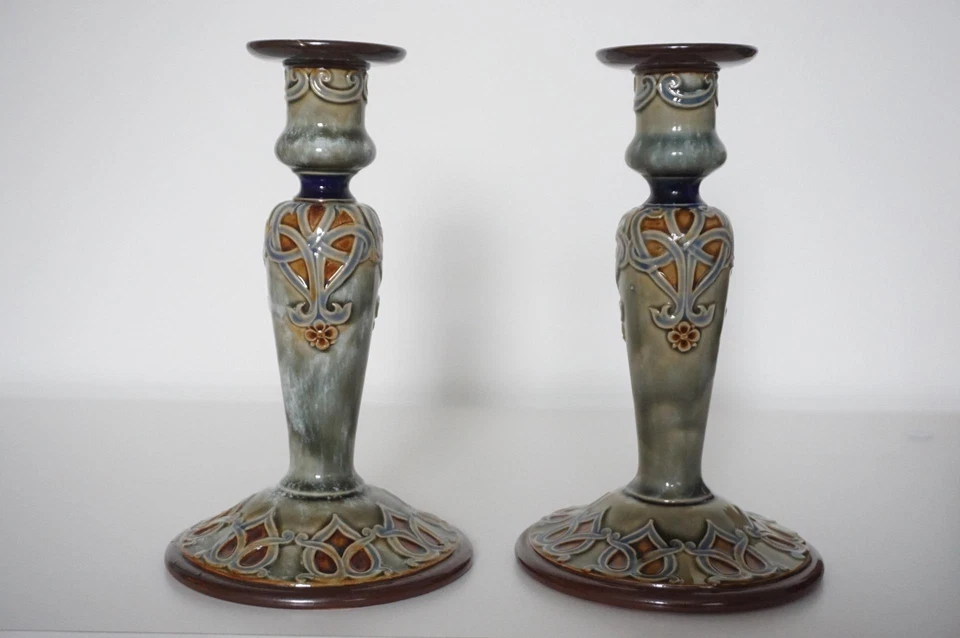 Pair Royal Doulton Lambeth Candlesticks - Art Nouveau - Louisa Wakely - c.1905 - Image 3 of 4