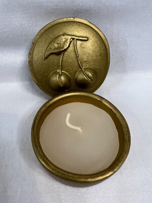 Candle in Lidded Gold Holder Cherries VTG No Scent, 2.75'' Dia., 2'' High