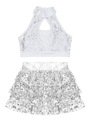 Kids Girls Dance Outfits Shiny Crop Tops w/Skirt Tiered Ruffle Keyhole Back - Picture 36 of 40