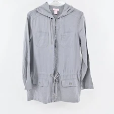 ST TROPEZ Jacket Womens Sz M Gray 100% Linen Lightweight Full Zip Hooded Utility
